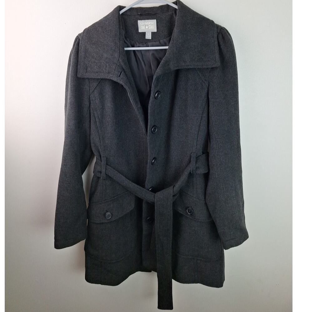 Womens Converse One Star Black Button Up Jacket W/ Belt & 2 pockets Size Large